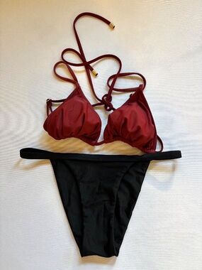 Peony Bikini Set Burgundy Black Size S Triangle Top High Cut Bottom Swimwear